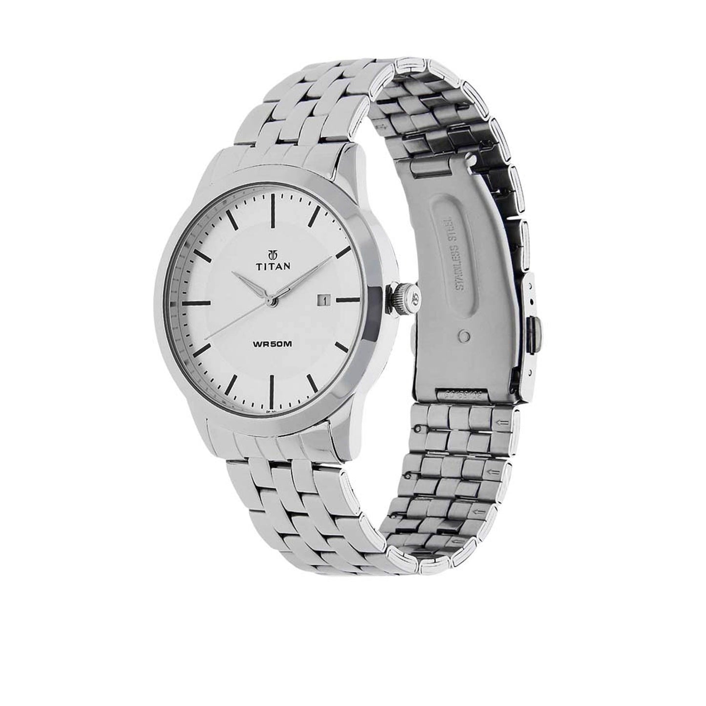 Titan Quartz Analog with Date White Dial Stainless Steel Strap Watch for Men