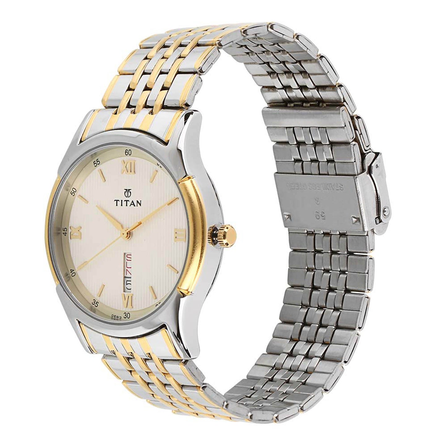 Titan Analog with Day and Date Off White Dial Stainless Steel Strap watch for Men