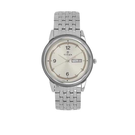 Titan Quartz Analog with Day and Date Silver Dial Stainless Steel Strap Watch for Men