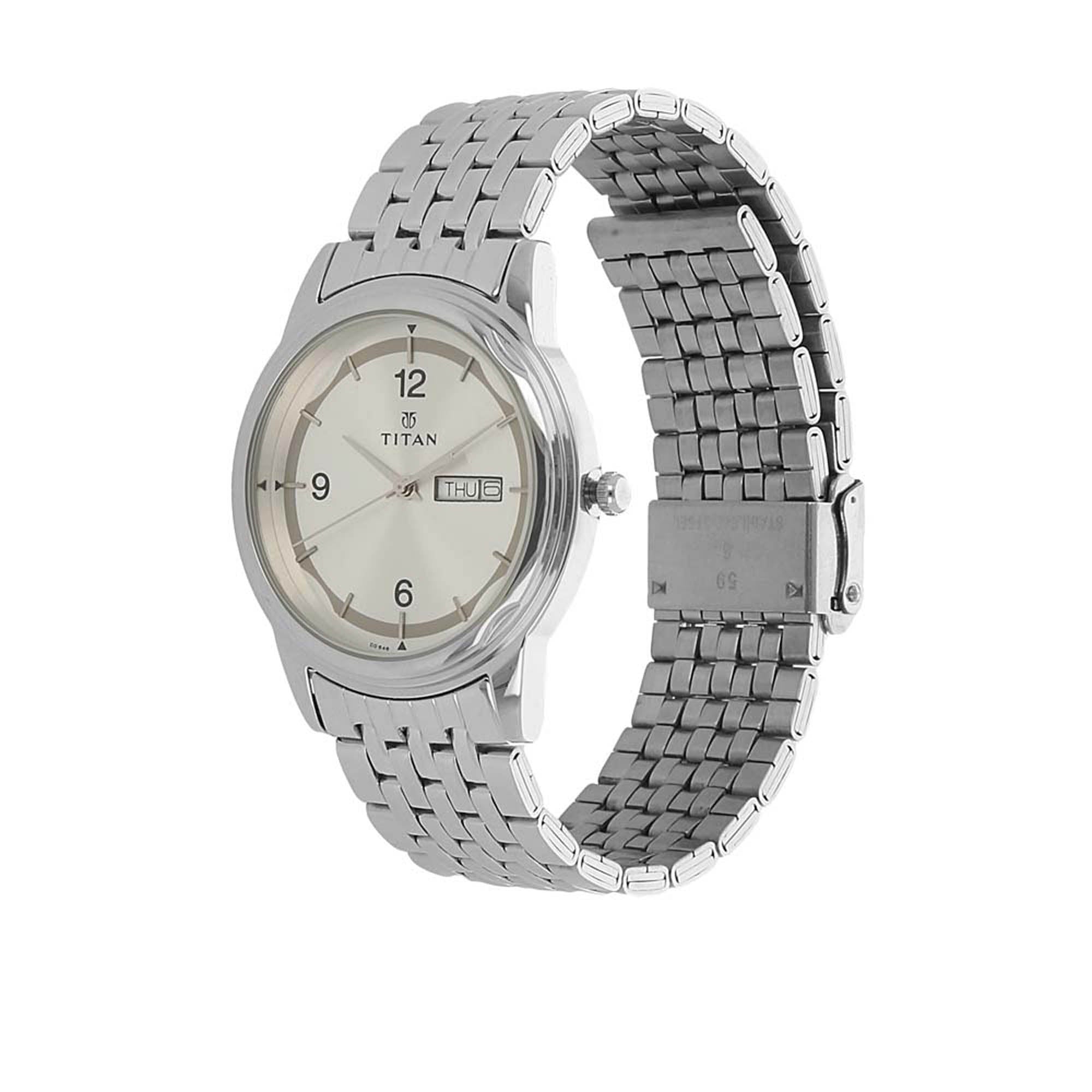 Titan Quartz Analog with Day and Date Silver Dial Stainless Steel Strap Watch for Men