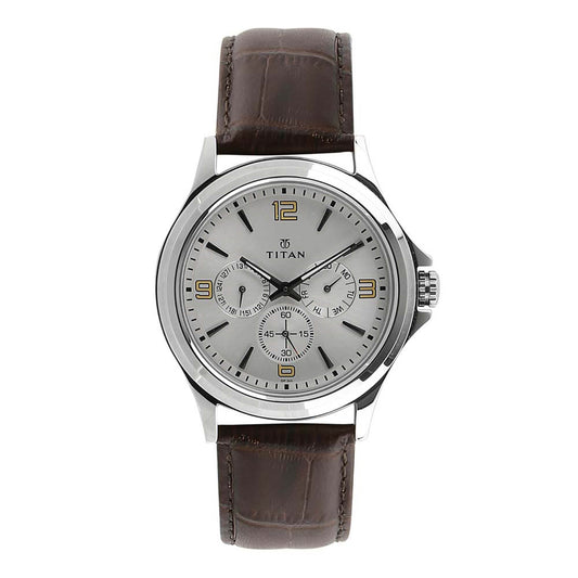 Titan Quartz Multifunction Silver Dial Leather Strap Watch for Men