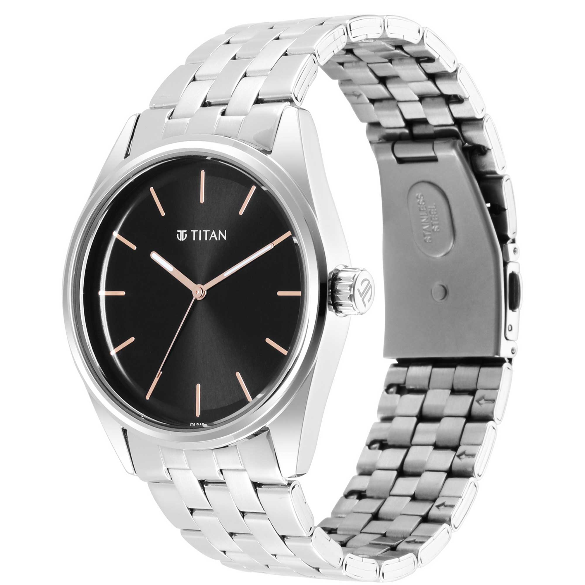 Titan Quartz Analog Black Dial Stainless Steel Strap Watch for Men