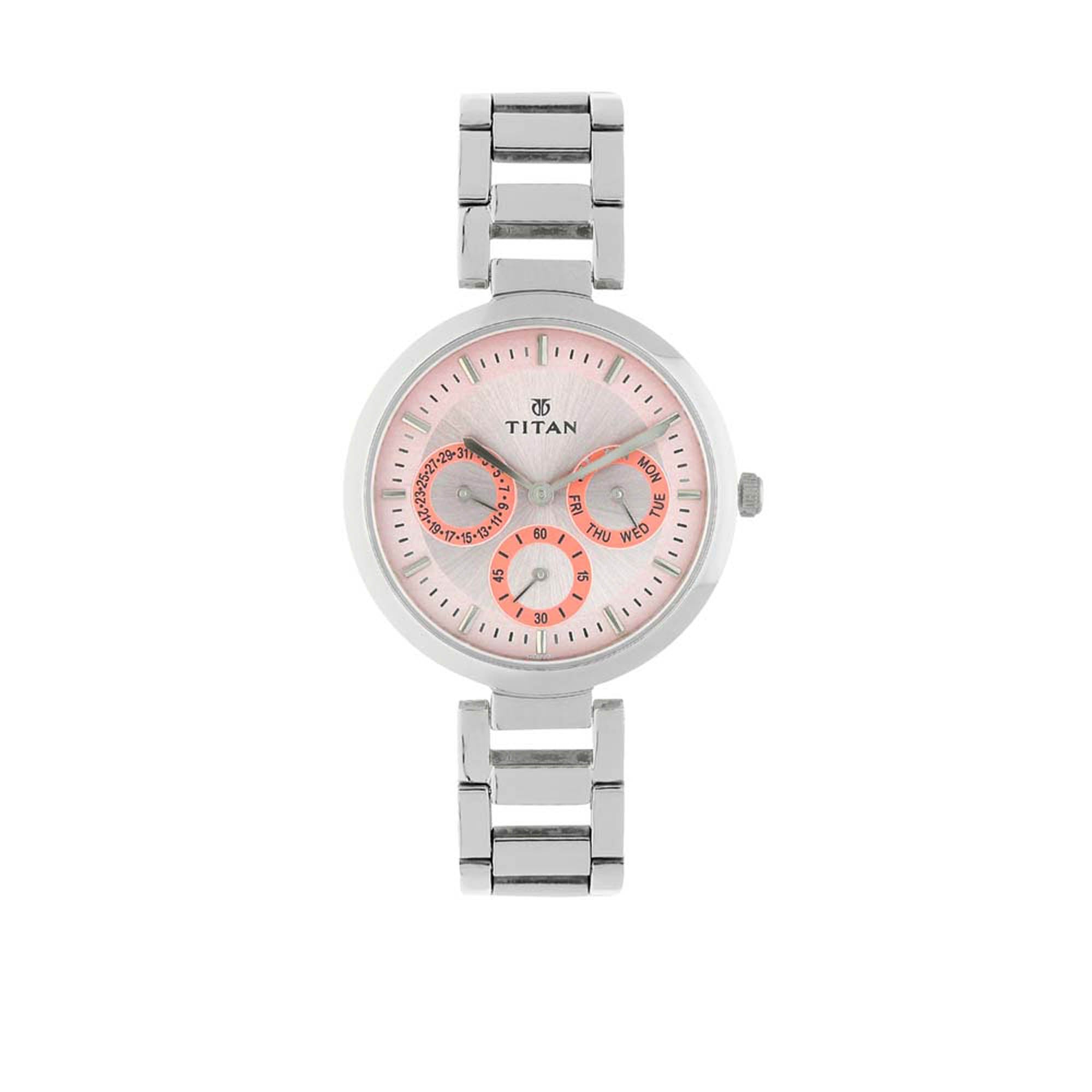 Titan Quartz Multifunction Pink Dial Stainless Steel Strap Watch for Women