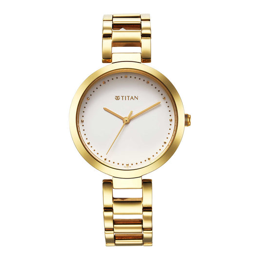 Titan Workwear Quartz Analog White Dial Golden Stainless Steel Strap Watch for Women