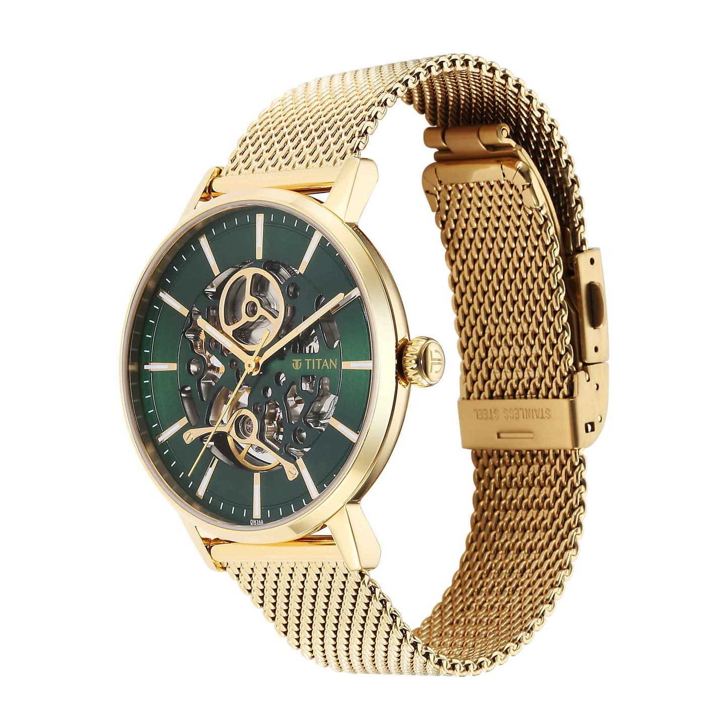 Titan Mechanical Slimline Green Dial Mechanical Stainless Steel Strap watch for Men